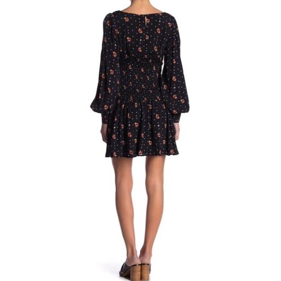 Free‎ People Two Faces Smocked Printed Mini Dress Black Combo Size Large - Picture 3 of 12